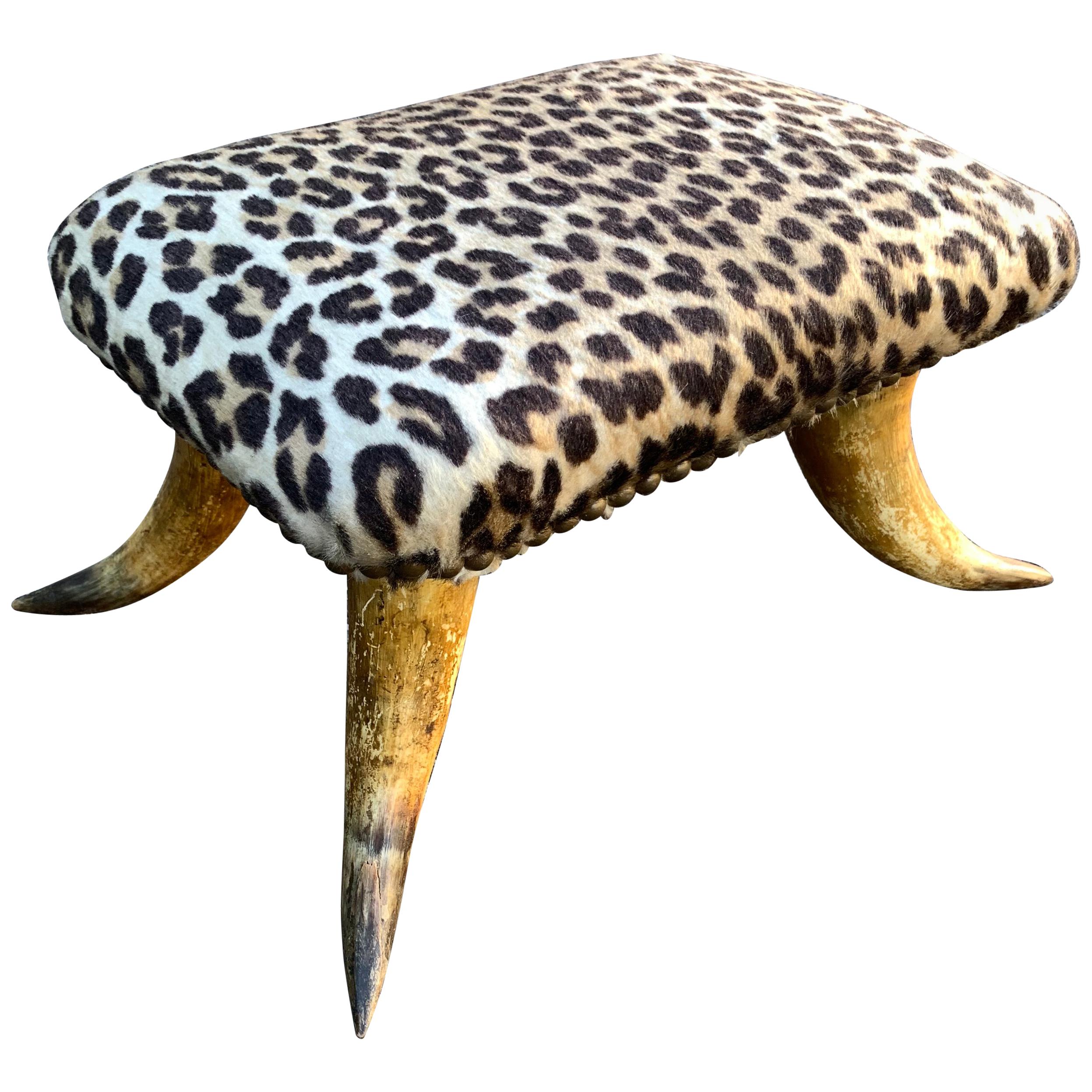Small Antique Faux Cheetah Hide Upholstered Horn Footstool
