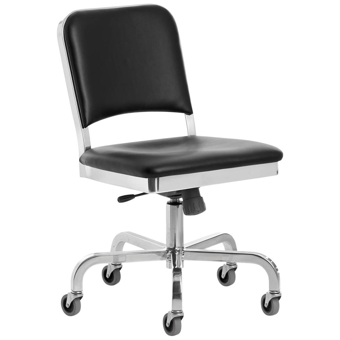 Emeco Navy Swivel Chair in Polished Aluminum and Black Upholstery by US Navy