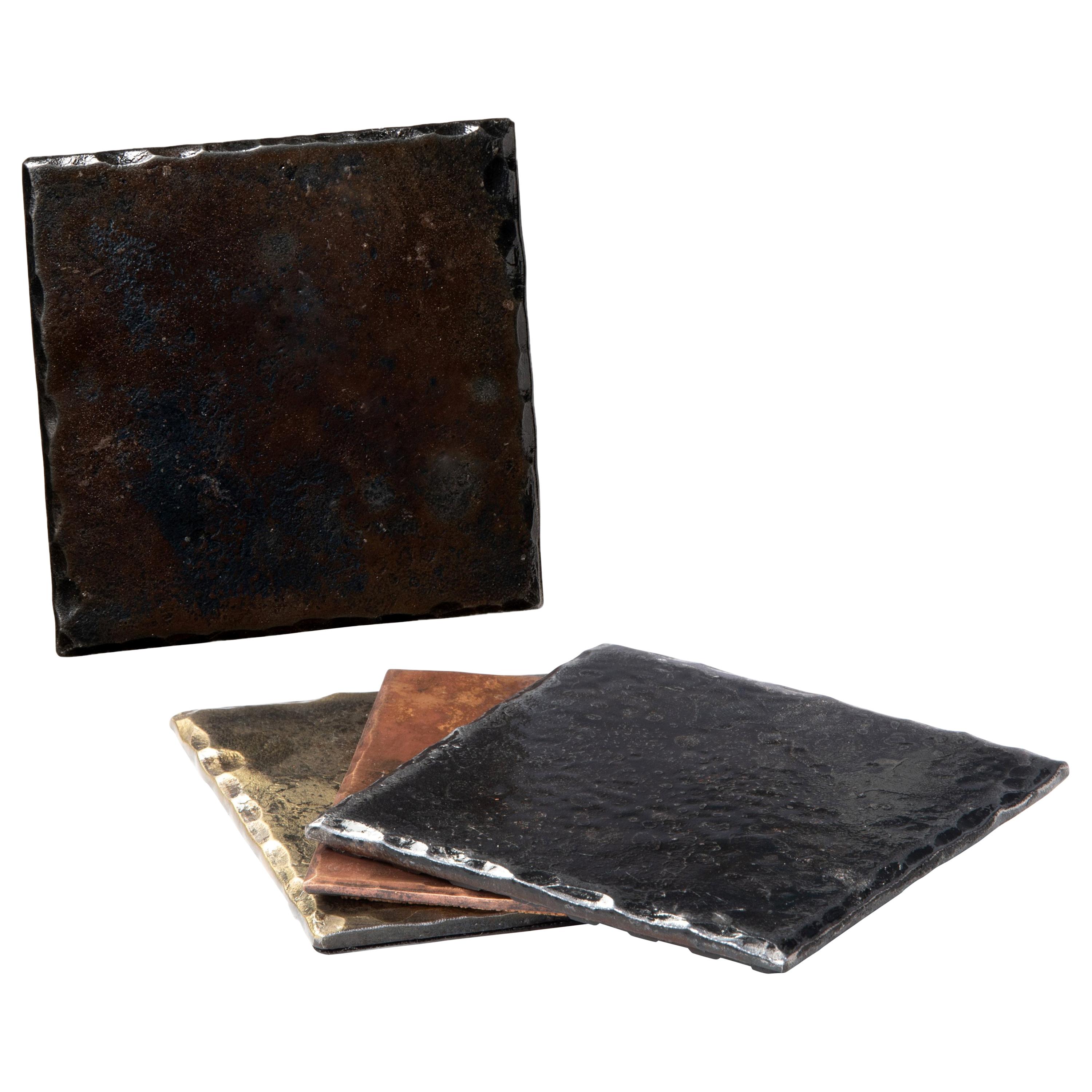Steel Square Coaster with Blackened Hammered and Forged Surface For Sale