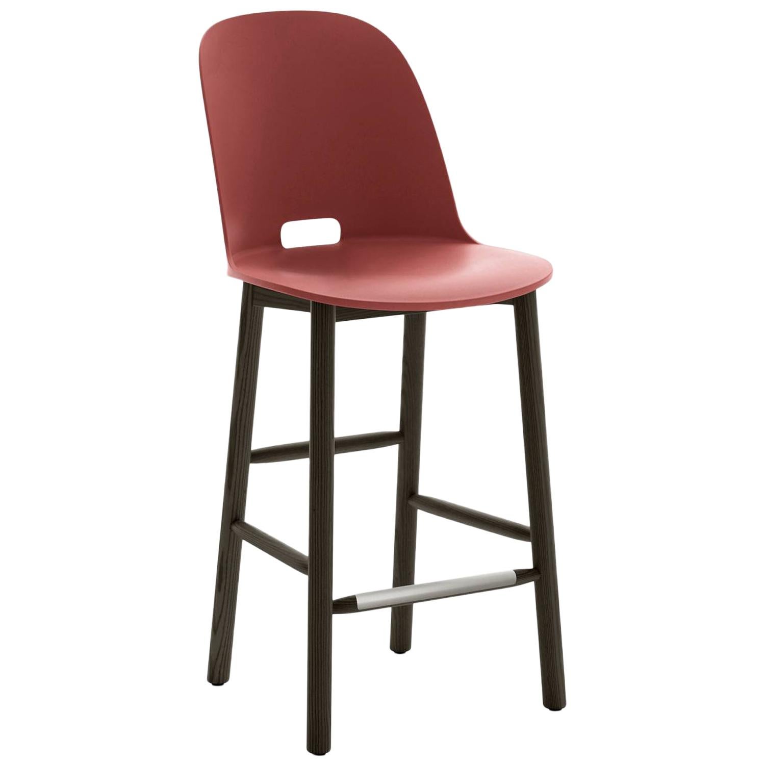 Emeco Alfi Counter Stool in Red & Dark Ash with High Back by Jasper Morrison