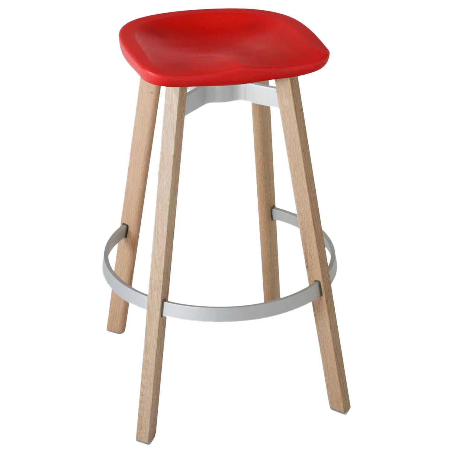 Emeco Su Barstool in Wood with Red Seat by Nendo