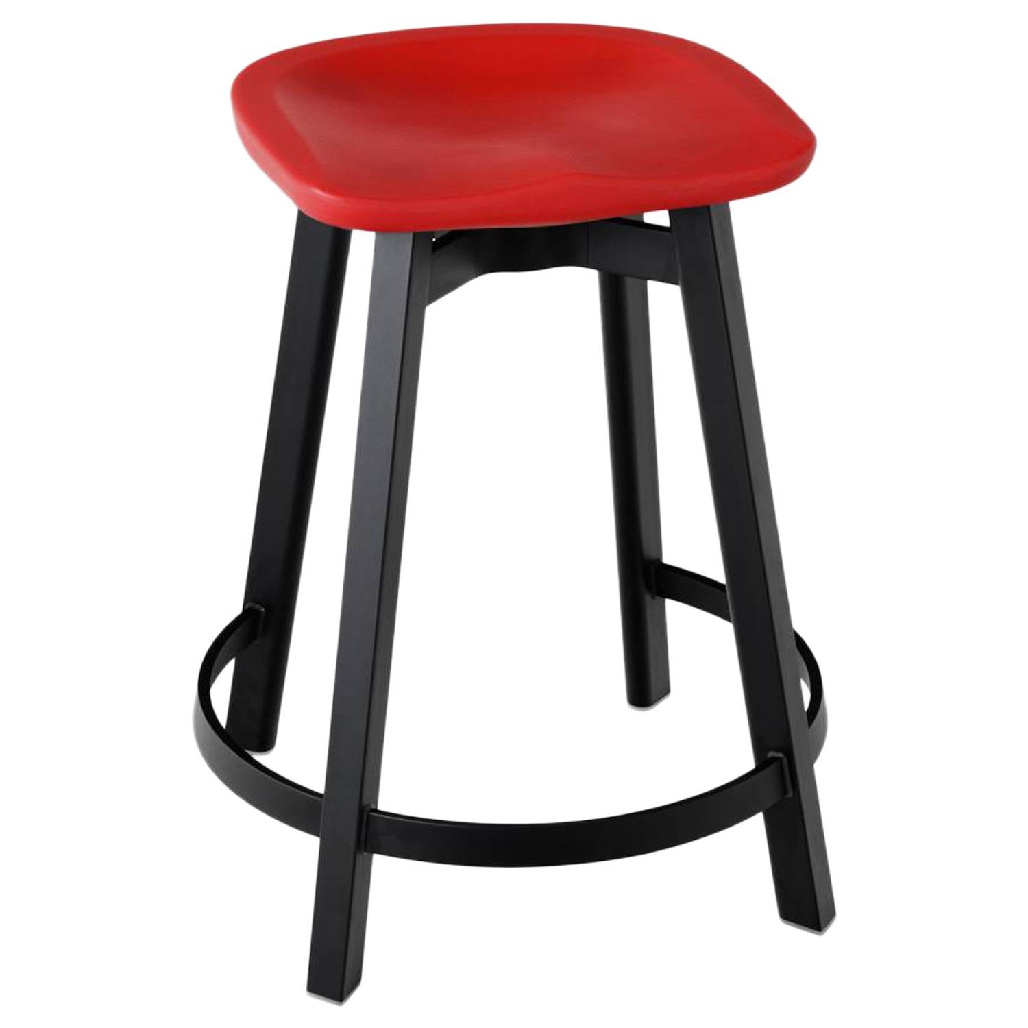 Emeco Su Counter Stool in Black Aluminum with Red Seat by Nendo