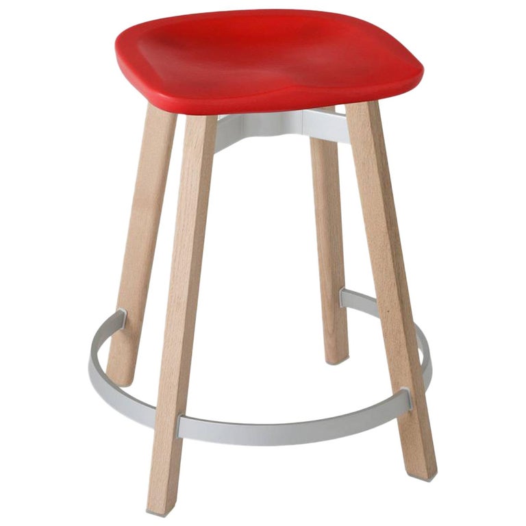 Emeco Su Counter Stool in Wood with Red Seat by Nendo For Sale at 1stDibs