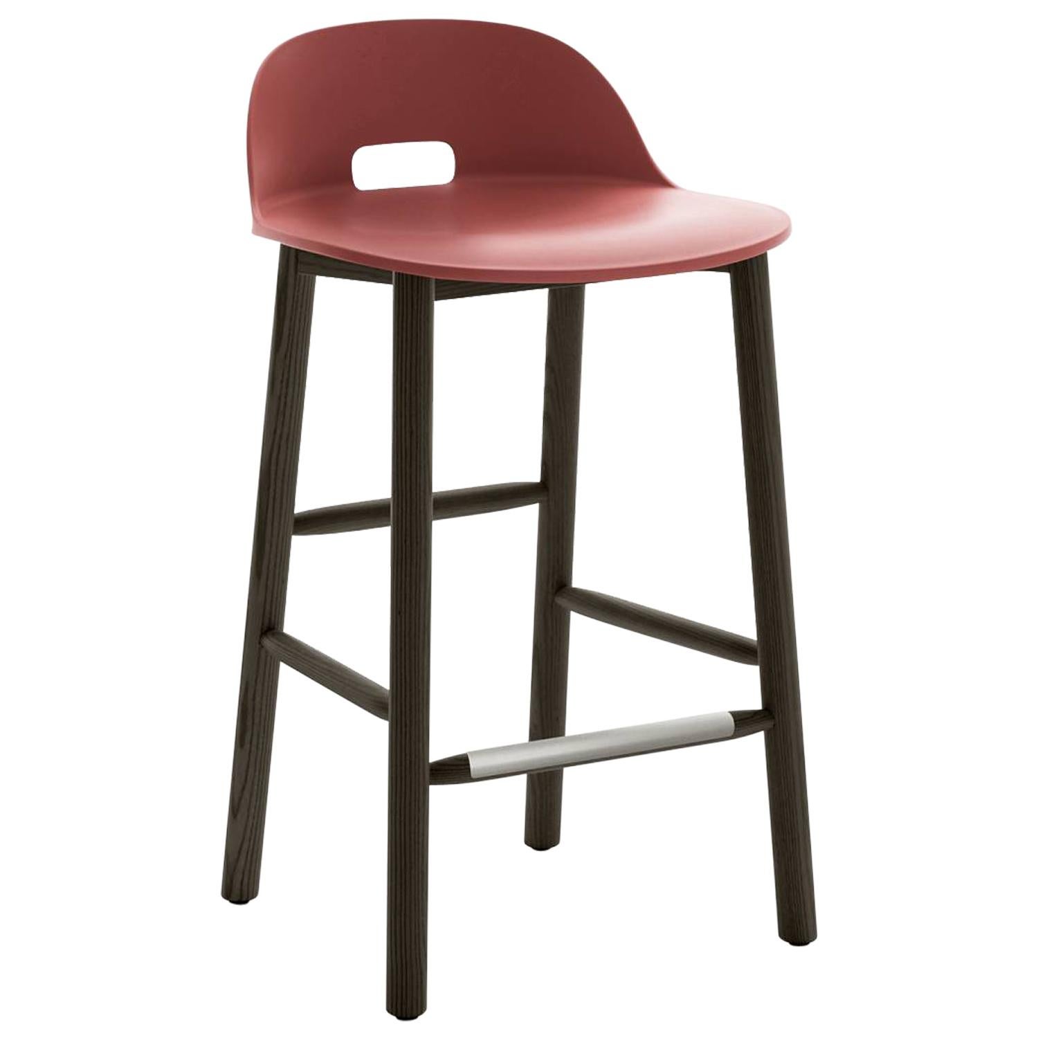 Emeco Alfi Counter Stool in Red and Dark Ash with Low Back by Jasper Morrison