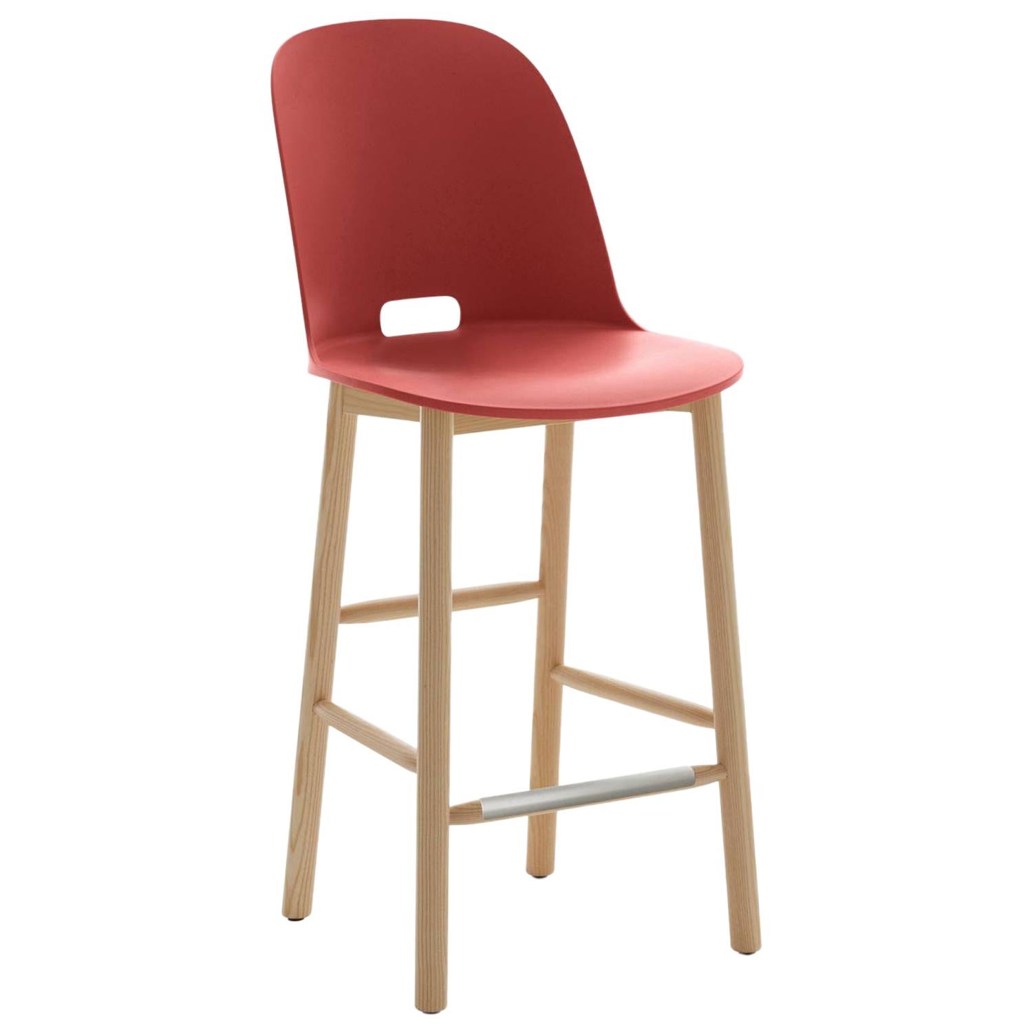 Emeco Alfi Counter Stool in Red & Ash w/ High Back by Jasper Morrison  For Sale