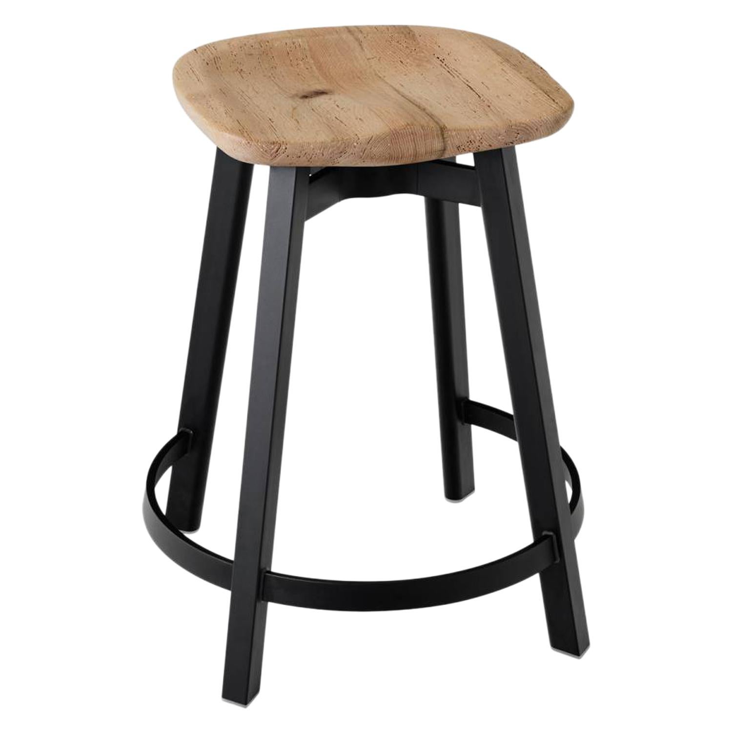 Emeco Su Counter Stool in Black Aluminum with Reclaimed Oak Seat by Nendo For Sale