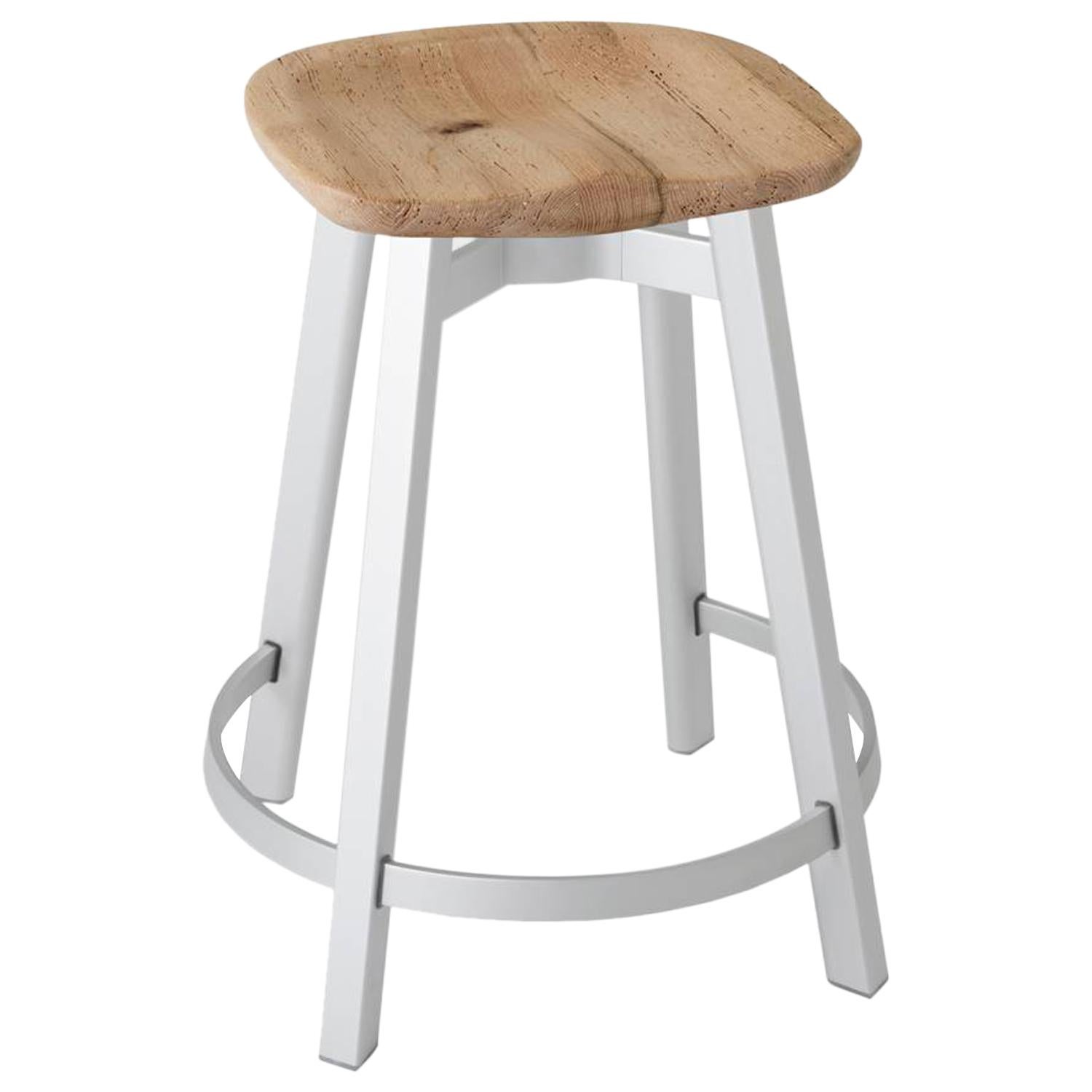 Emeco Su Counter Stool in Natural Aluminum w/ Reclaimed Oak Seat by Nendo For Sale