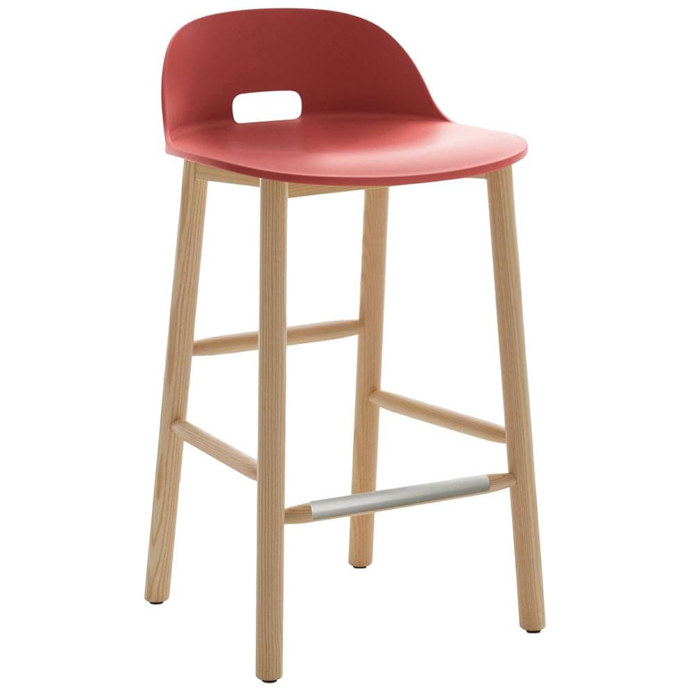 Emeco Alfi Counter Stool in Red & Ash with Low Back by Jasper Morrison For Sale