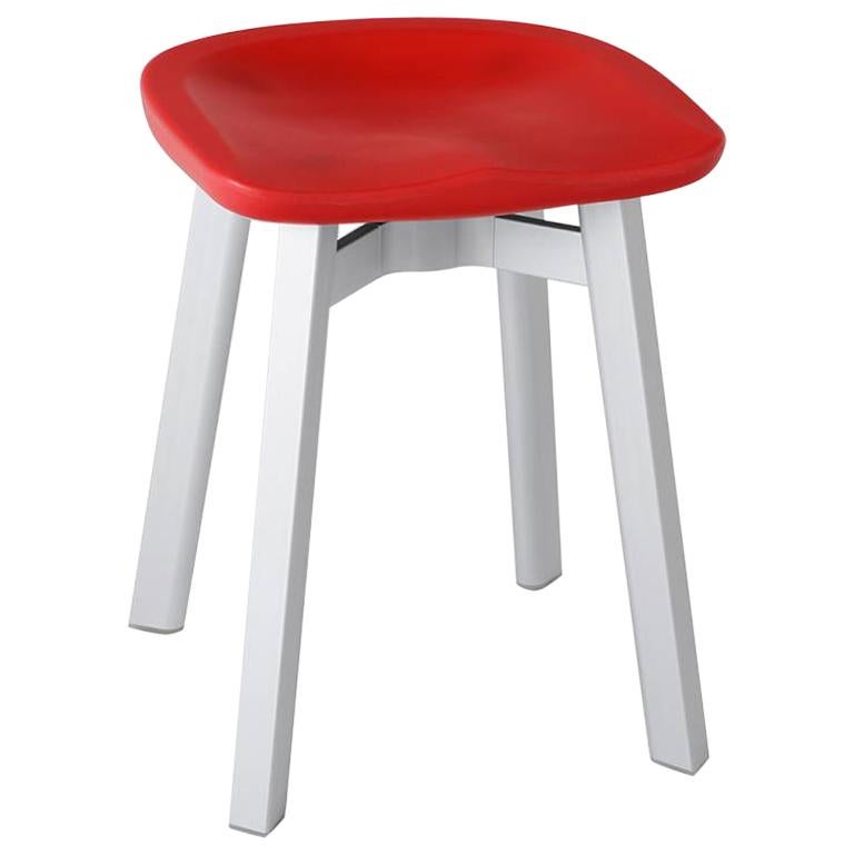 Emeco Su Small Stool in Natural Aluminum with Red Seat by Nendo