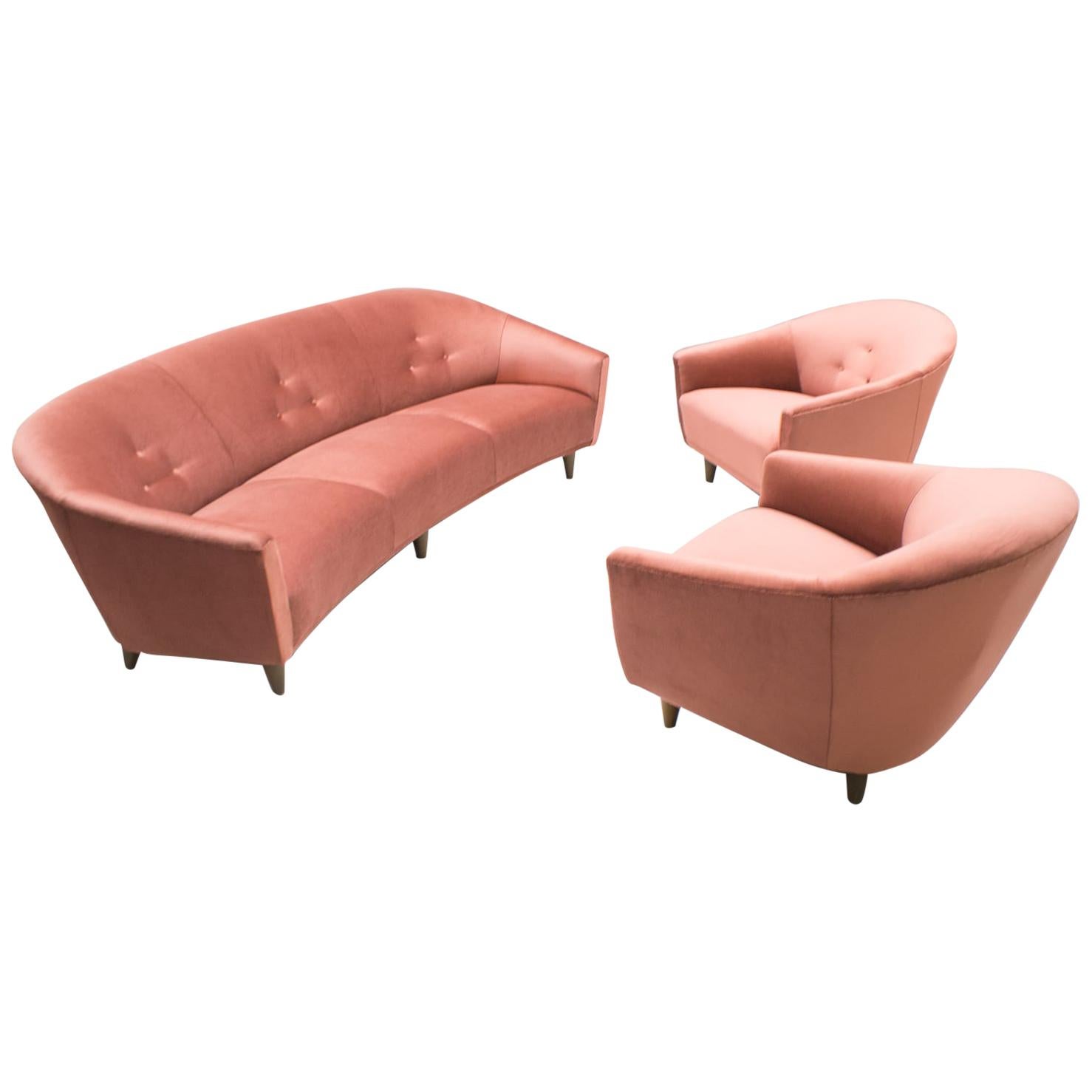 Italian Velvet Living Room Set, 3-Seat Sofa and 2 Armchairs 1960s