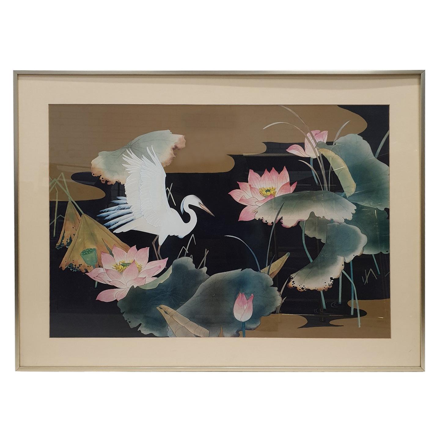 Watercolor Painting Behind Glass from White Heron with a Brass Frame, 1980s For Sale