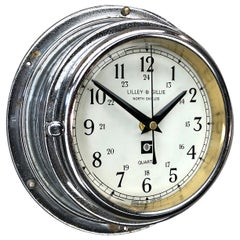 Retro Late Century Lilley & Gillie Chromed Brass Wall Clock Beveled Glass Marine Dial