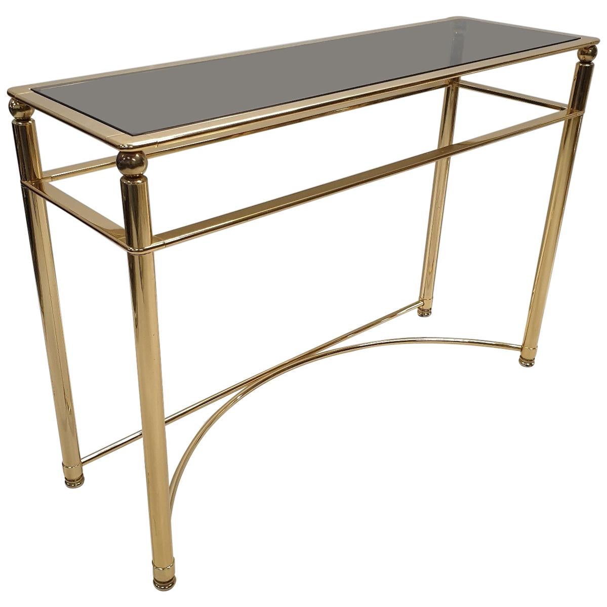 Gold-Plated Console Table with Smoked Cut Glass, 1980s For Sale
