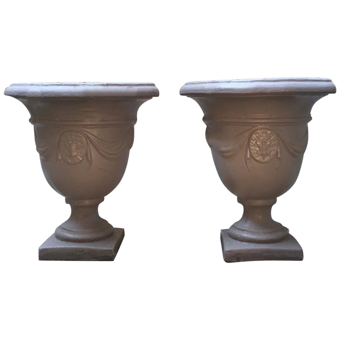 Pair of Italian Neoclassical Style Stone Paste Gardens Urns Hand Paint Mud Color