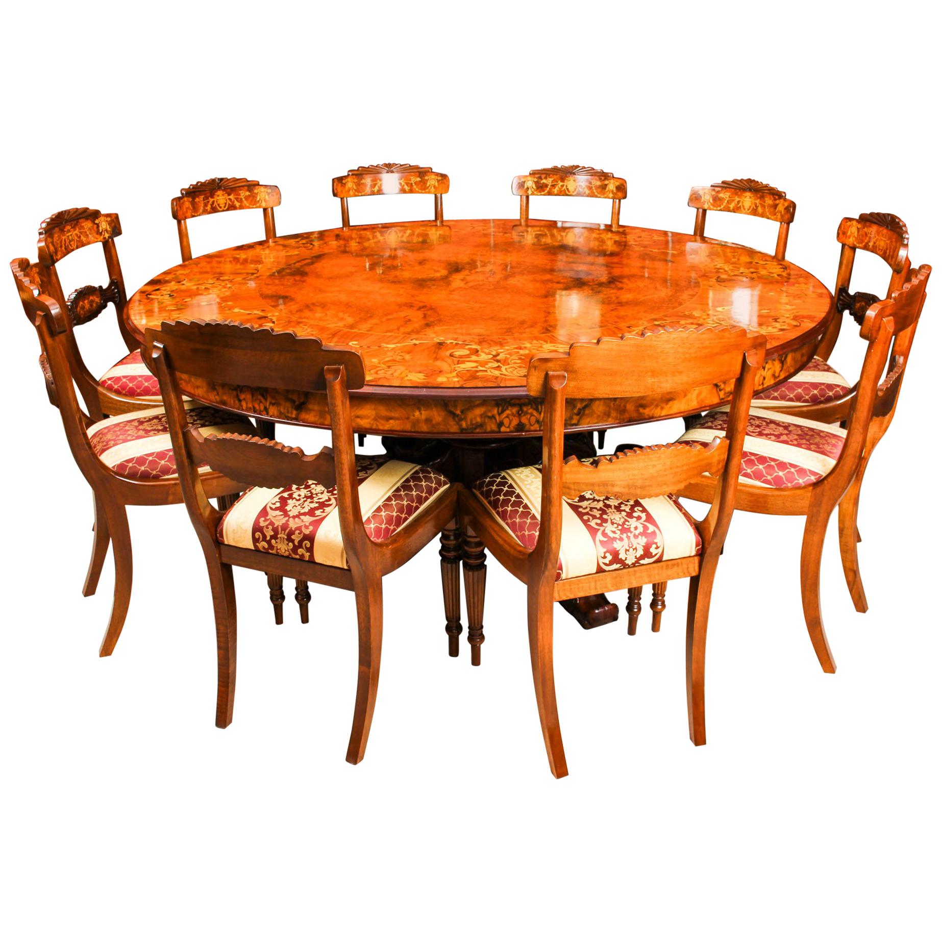 Vintage Round Marquetry Dining Table & 10 Chairs