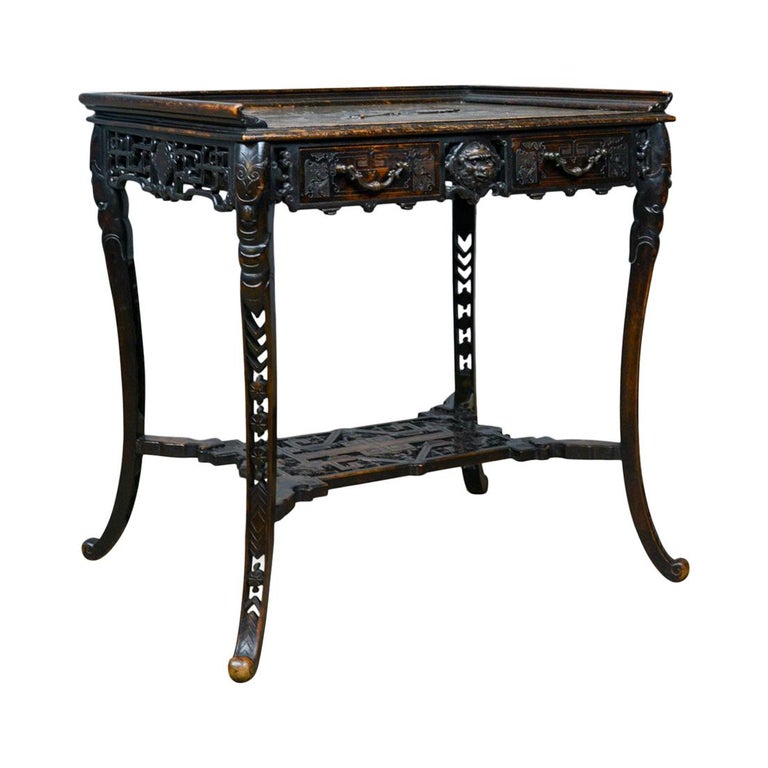 Antique Chinese Export Side Table Carved Oriental Victorian Circa 1900