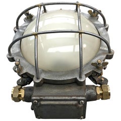 Vintage 1970s Japanese Cast Iron Wall Light, White Glass Dome, Cage and Brass Fittings