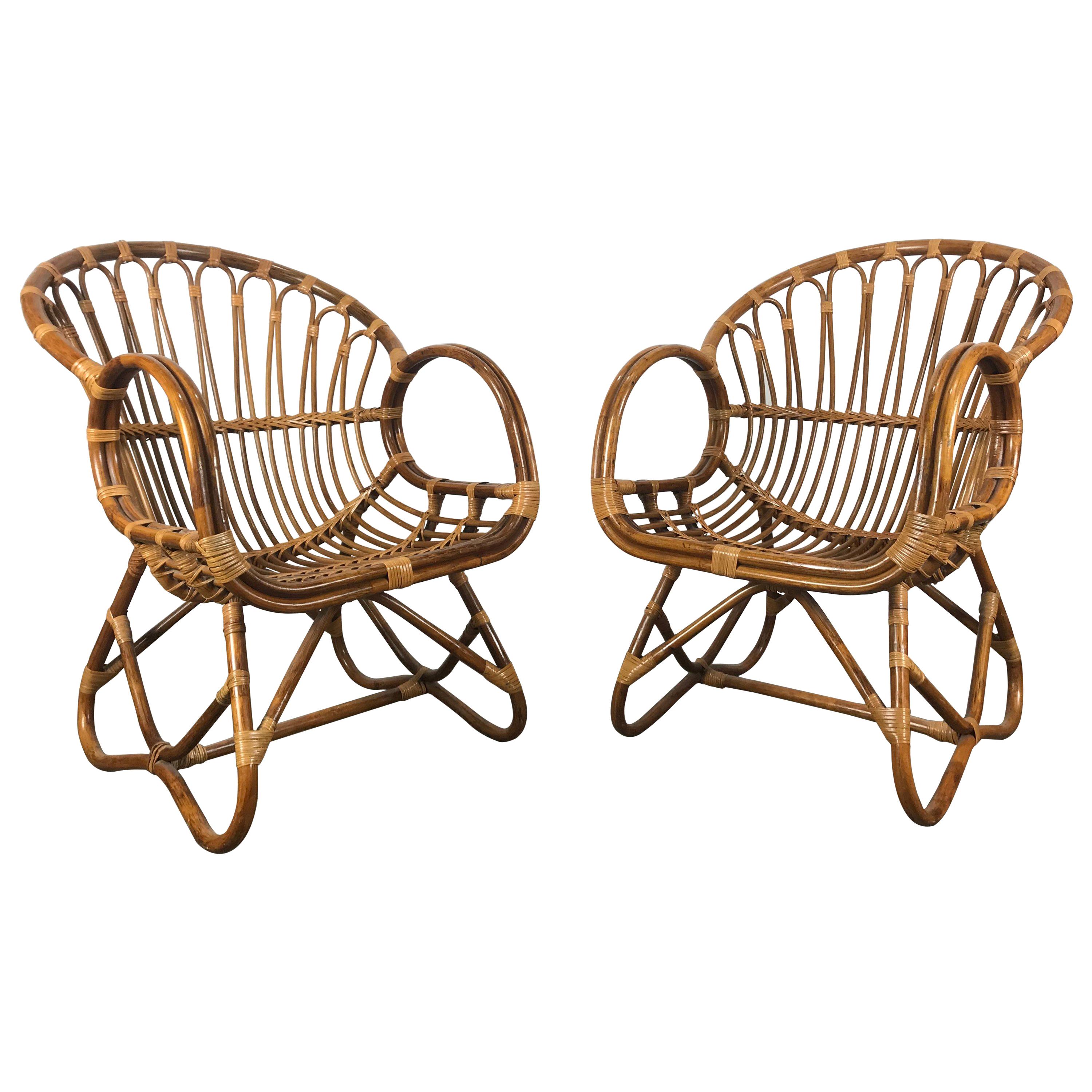 Pair of Mid-Century Modern after Franco Albini Bamboo or Rattan Lounge Chairs