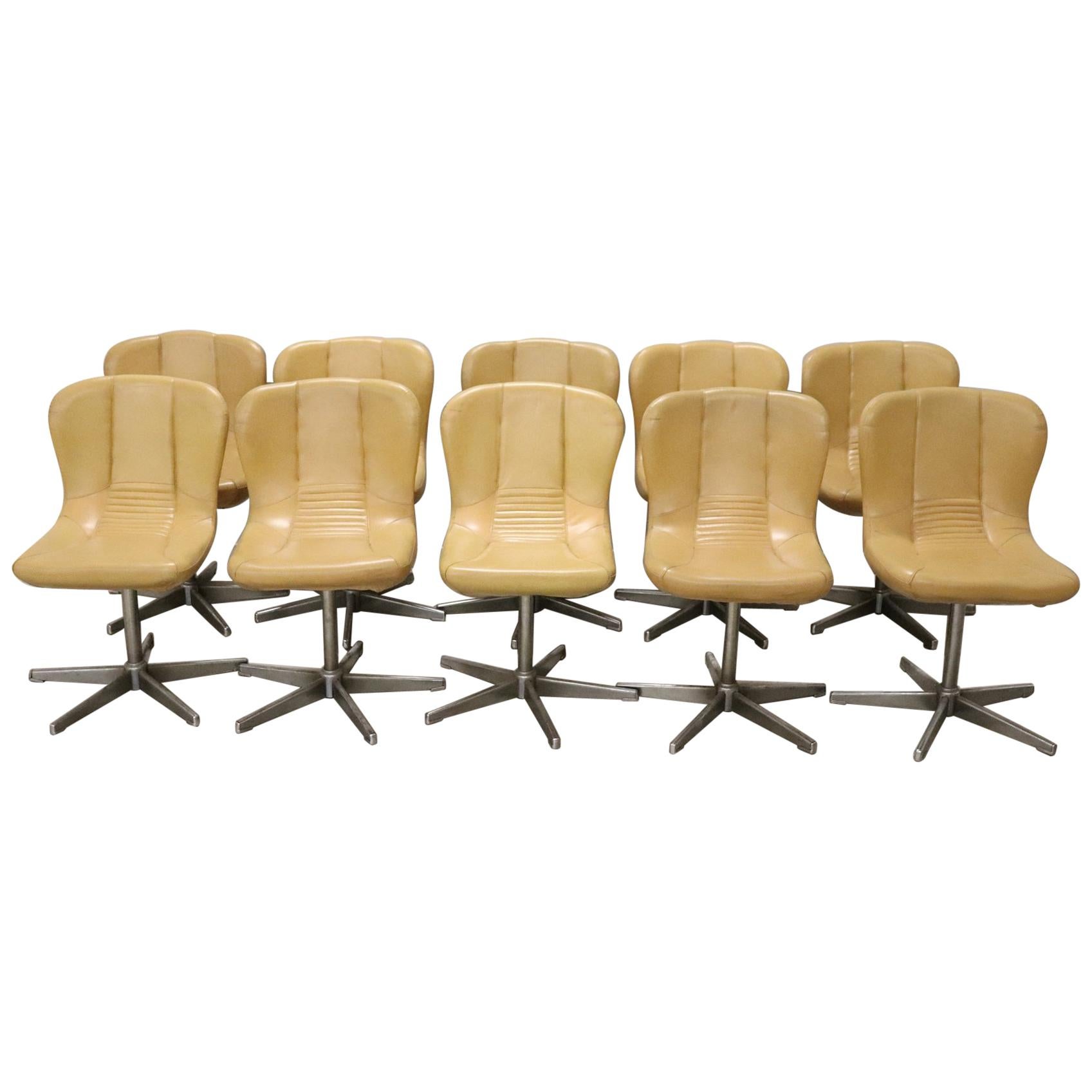 20th Century Italian Design Chromed Metal and Leather Set of 10 Armchairs, 1960s