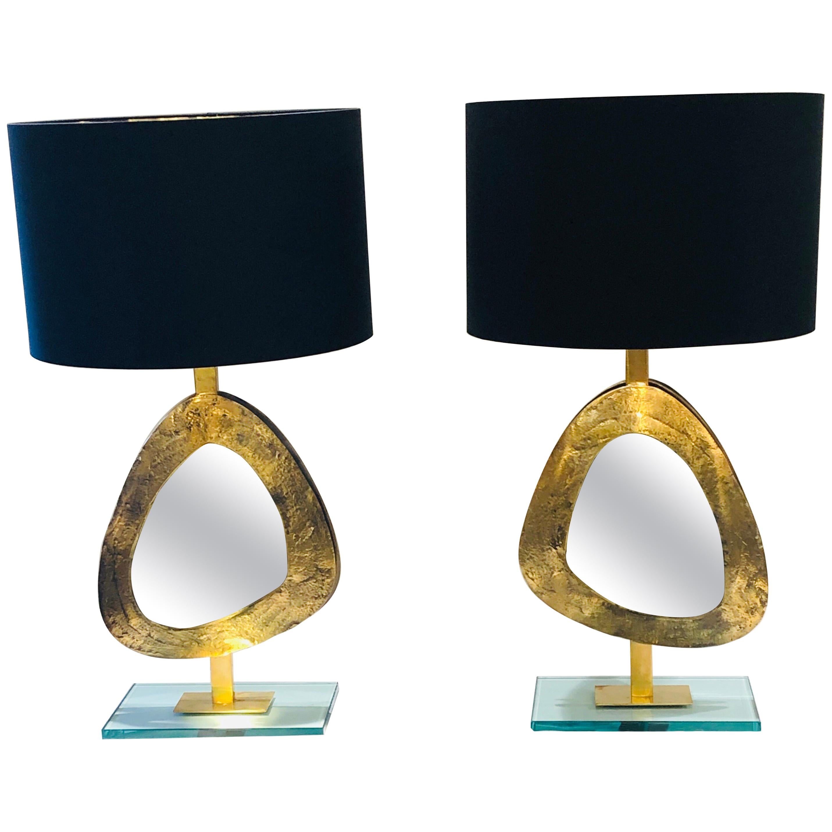 Pair of Large Gilded Bronze and Brass Table Lamps with a Mirrored Centre