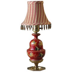 Vintage Red Lacquer Kashmiri Lamp Mounted on a Brass Stand, India, 20th Century
