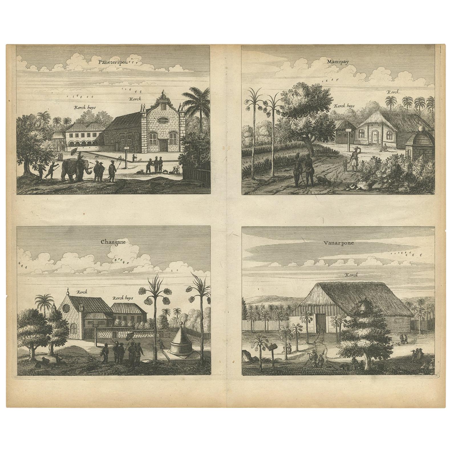 Antique Print of the Churches of Paneteripoum, Manipay, Changane and Vanarpone