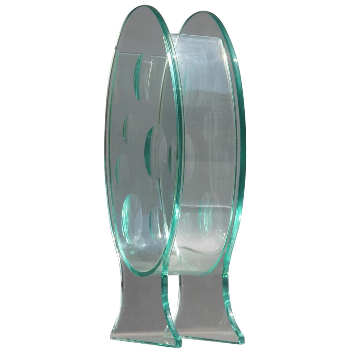 Vase sculptural ovale en cristal avec incisions rondes, design italien des années 1980, signé QA