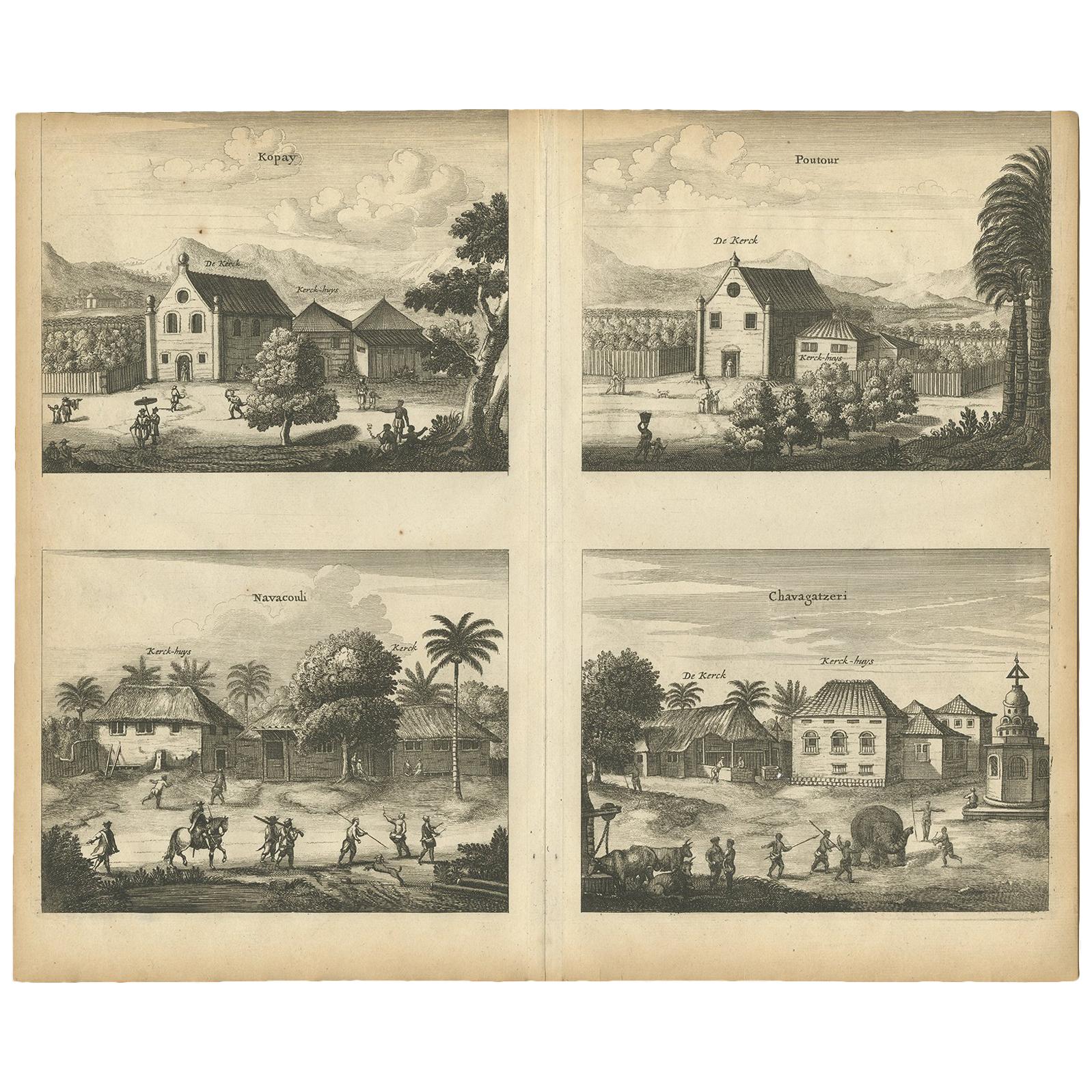 Antique Print of the Churches of Kopay, Poutour, Navacouli and Chavagatzeri