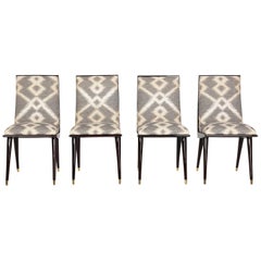 Mid-Century Hardwood and Brass Italian Dining Chairs in Robert Allen Ikat fabric