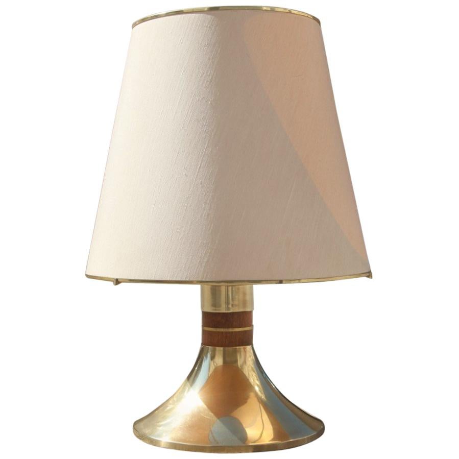 Round Table Lamp Brass Wood Shantung Dome Italian Design 1970 Gold Cone For Sale
