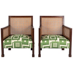 Pair of Danish Armchairs in Oak and Caned Panels with a Robert Allen Fabric