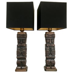 Used Pair of Carved Wooden Tiki Lamps