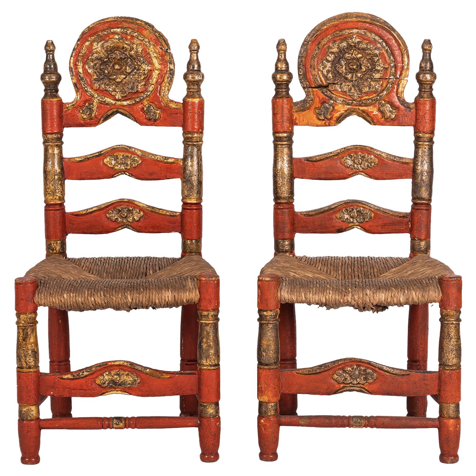 Pair of 18th Century Spanish Style Ladder Back Painted Chairs with Rush Seats