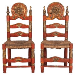 Antique Pair of 18th Century Spanish Style Ladder Back Painted Chairs with Rush Seats