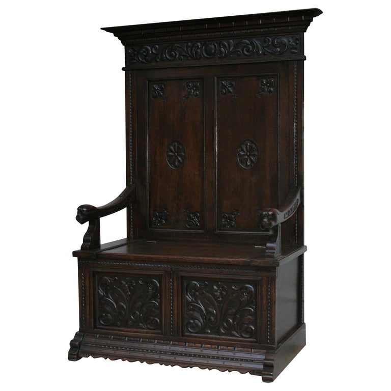 Antique Oak Hall Bench With Storage Historicism Germany Circa 1880