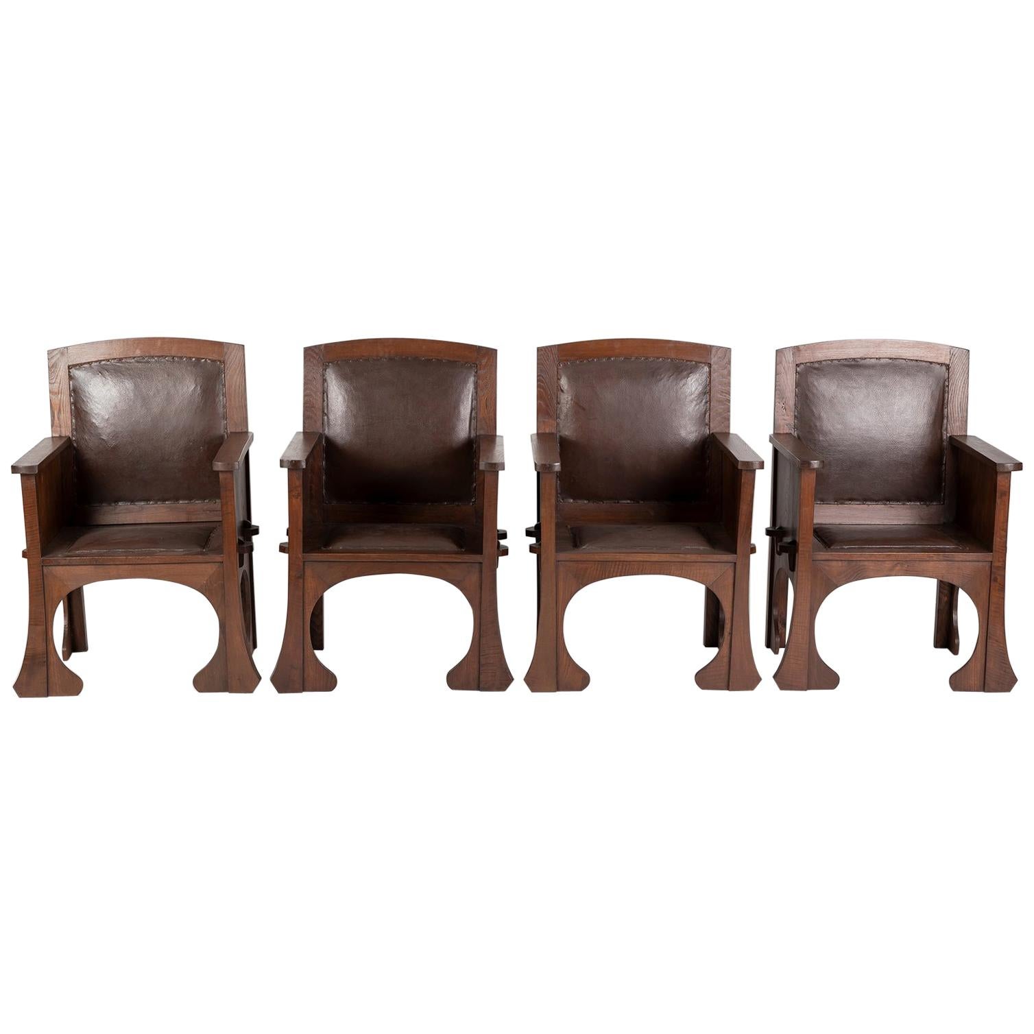 Set of Four Portuguese Country Rustic Style Chairs in Solid Hardwood and Leather For Sale