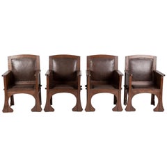 Set of Four Portuguese Country Rustic Style Chairs in Solid Hardwood and Leather