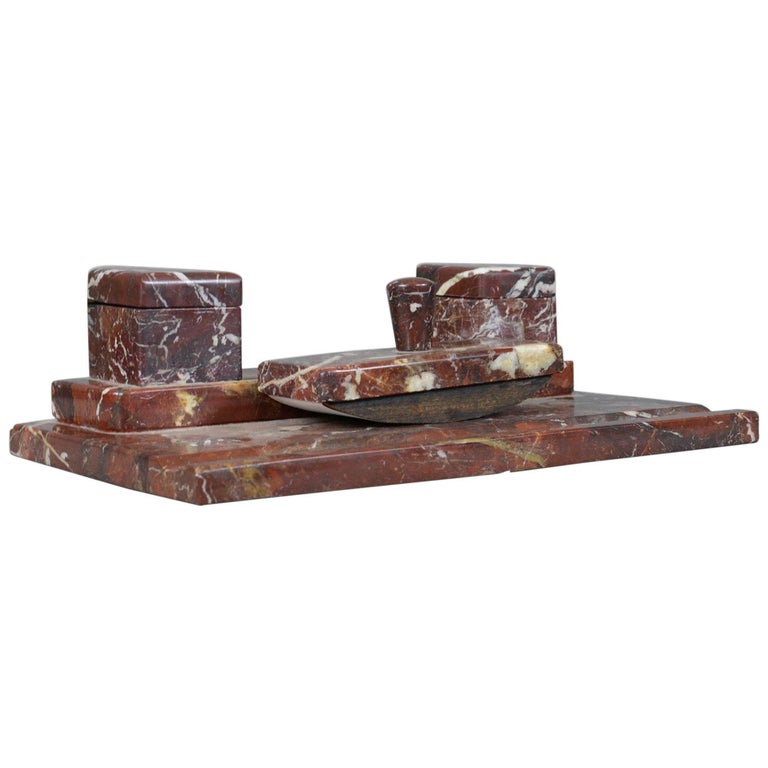 French Antique Art Deco Marble Desk Stand Large Inkwell