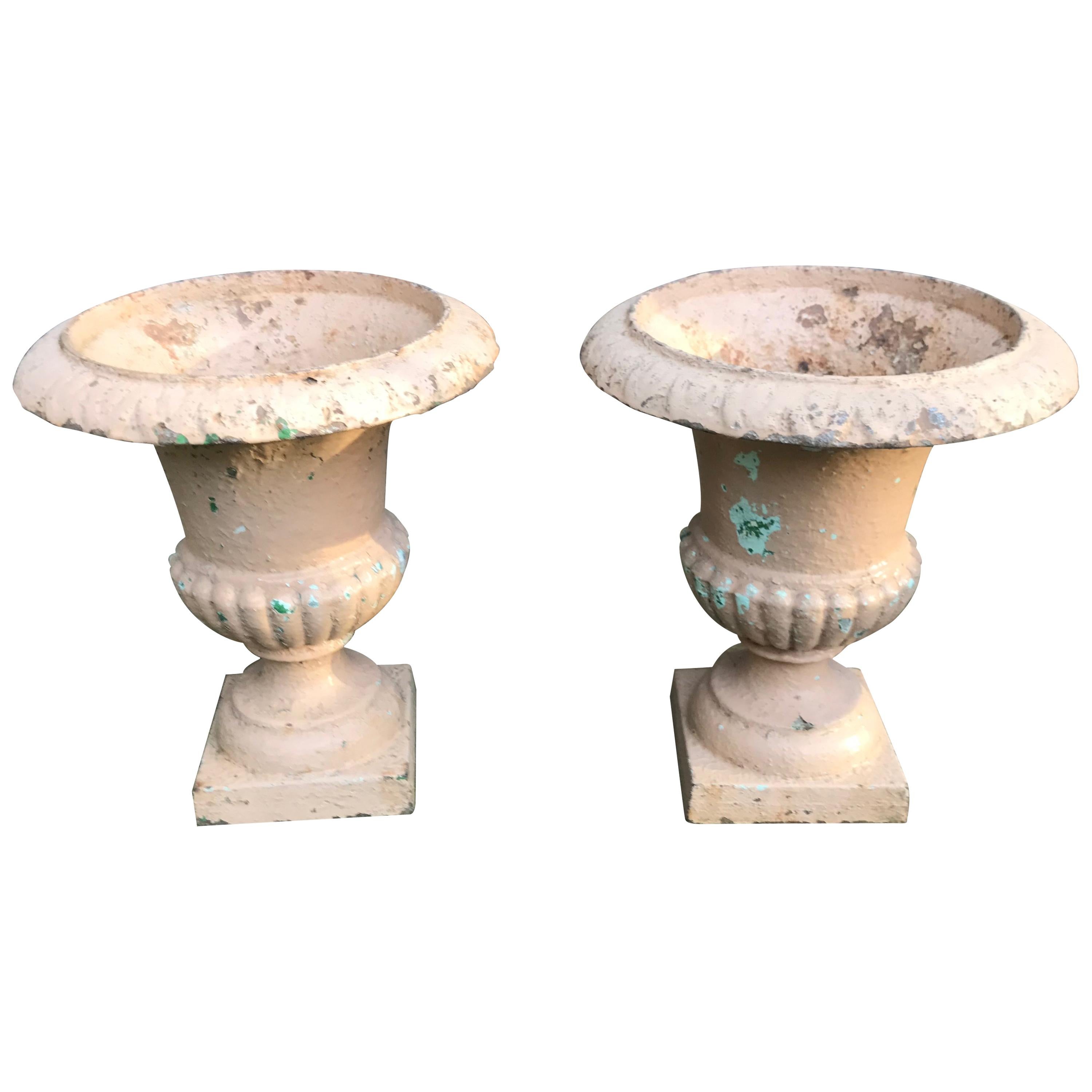Pair of Small 19th Century French Neoclassical Cast Iron Urns For Sale
