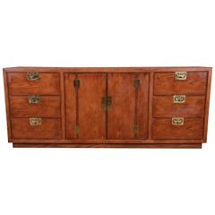 Vintage Henredon Campaign Style Oak Long Dresser or Credenza