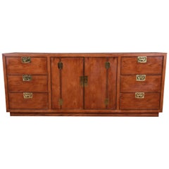 Retro Henredon Campaign Style Oak Long Dresser or Credenza