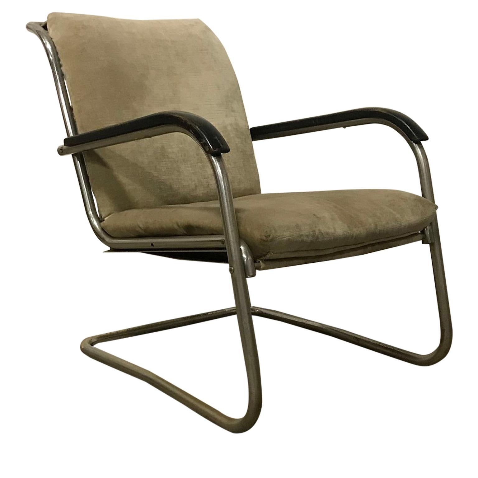 1930, Paul Schuitema Easy Chair, Fabric with Black Lacquered Wooden Armrests For Sale