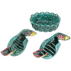 1950s Italian Ceramic Parrots and Bowl