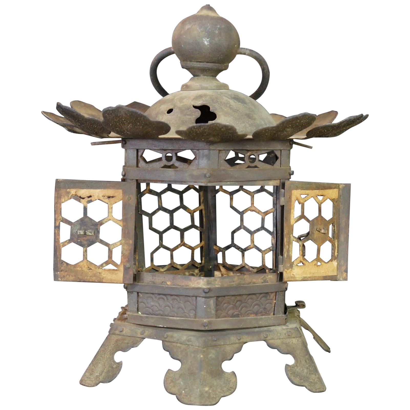 Japanese Tall Antique Lantern with Double Doors and Fine Details, 12"