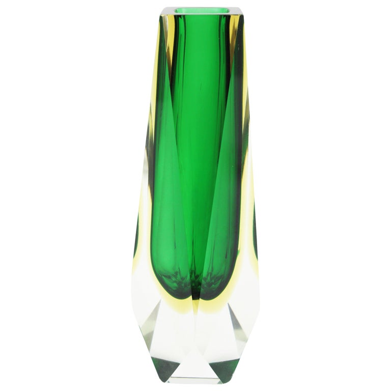 Giant Mandruzzato Triple Cased Green Black Yellow Faceted Murano