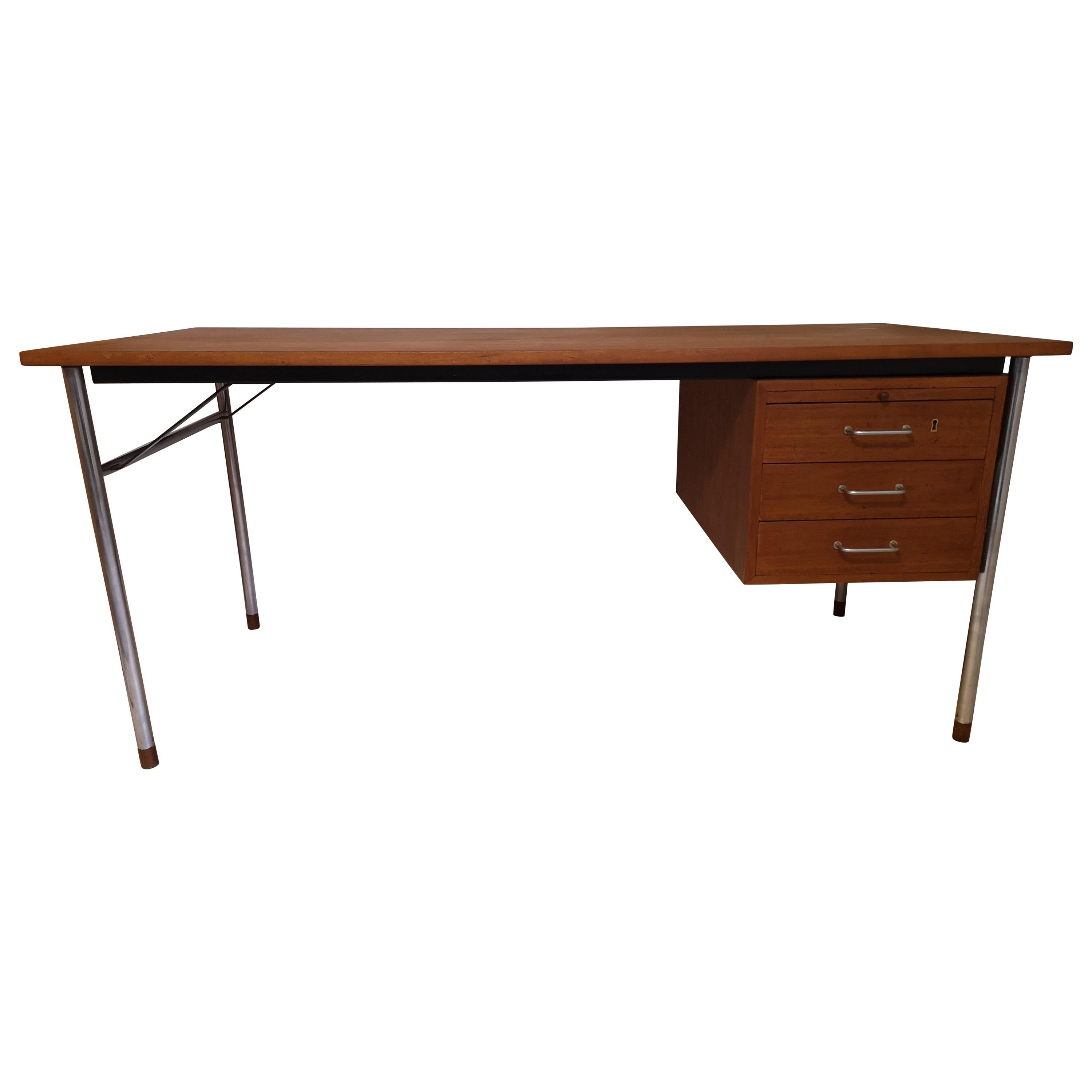 Teak and Steel Danish Office Desk by Ejner Larsen and Aksel Bender Madsen For Sale