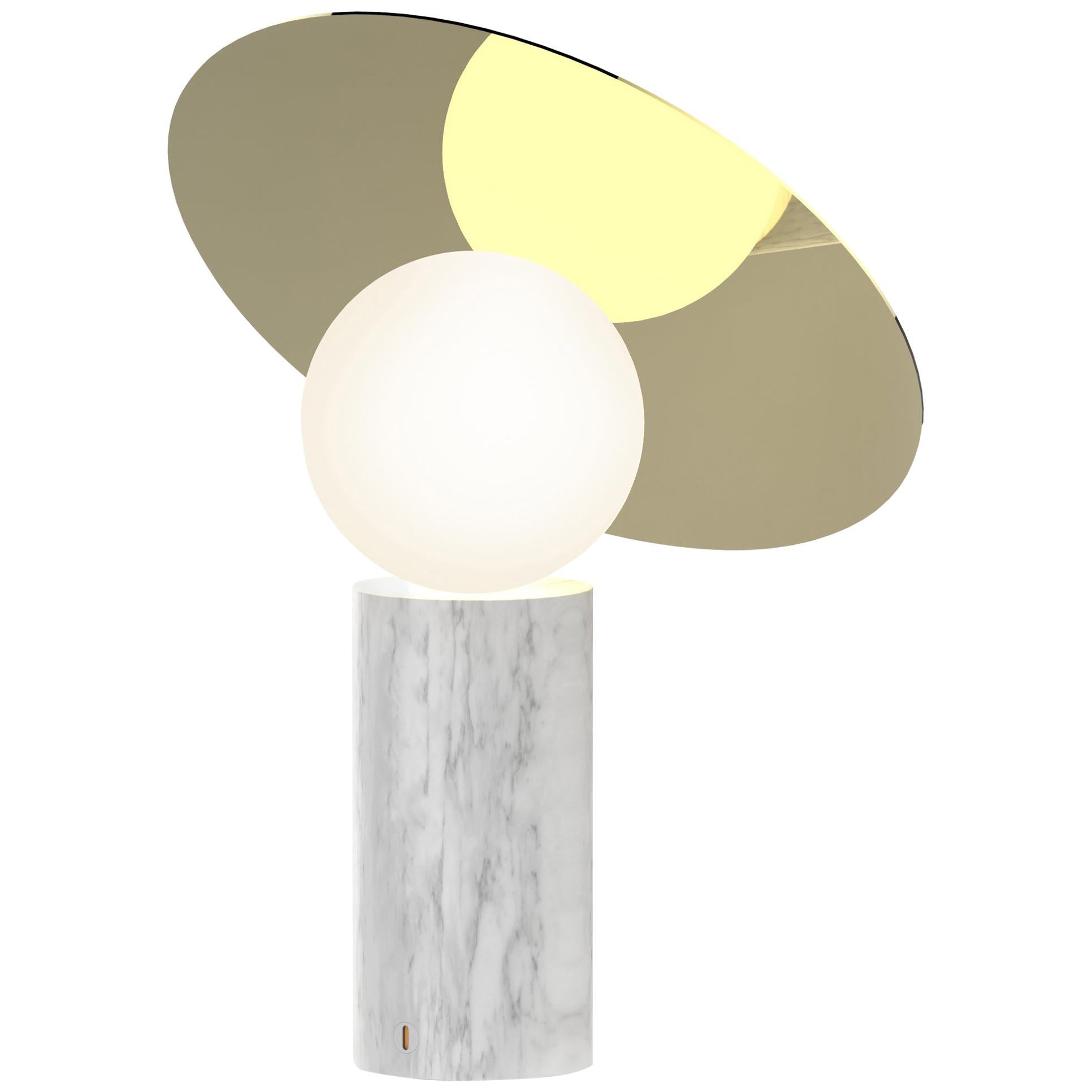 Bola Disc Table Lamp in Carrara Marble and Brass by Pablo Designs For Sale