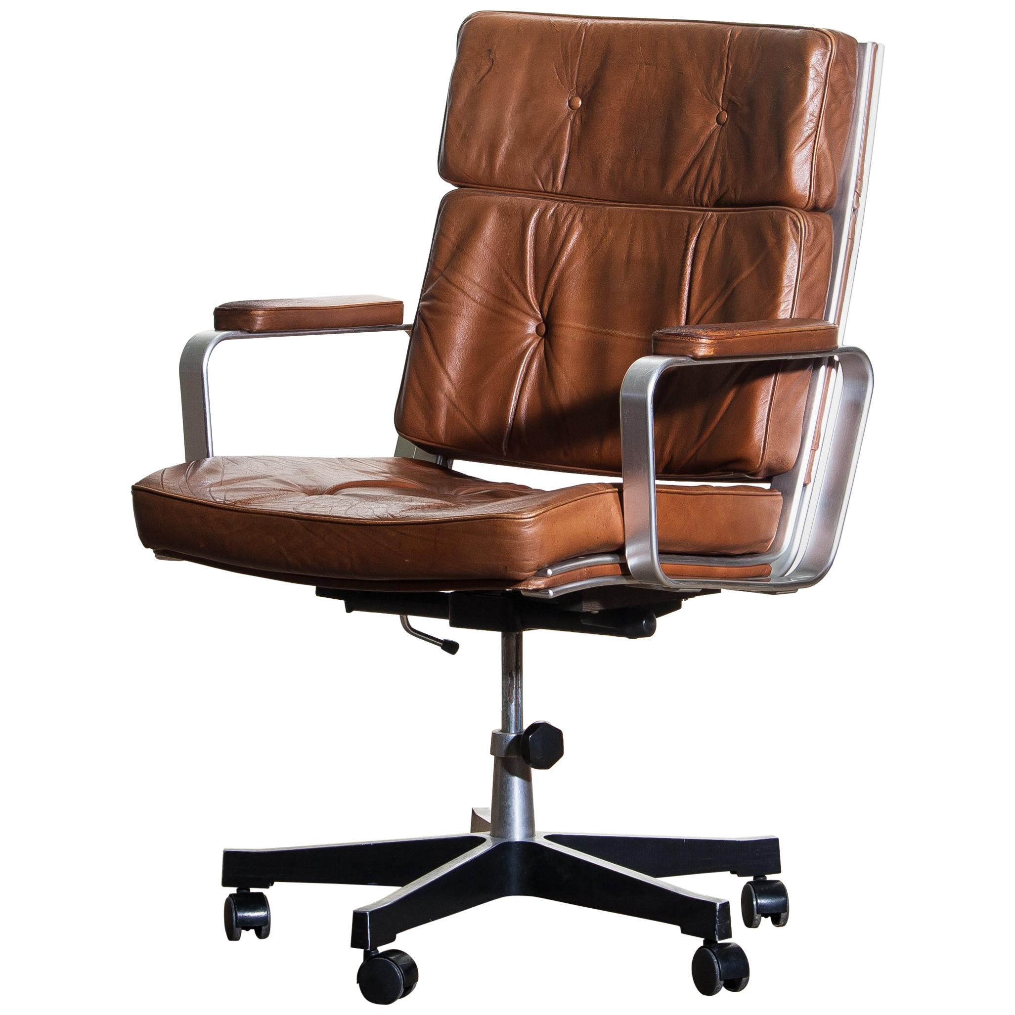 1970s, Brown Leather and Aluminum Desk Chair by Karl Erik Ekselius for Joc