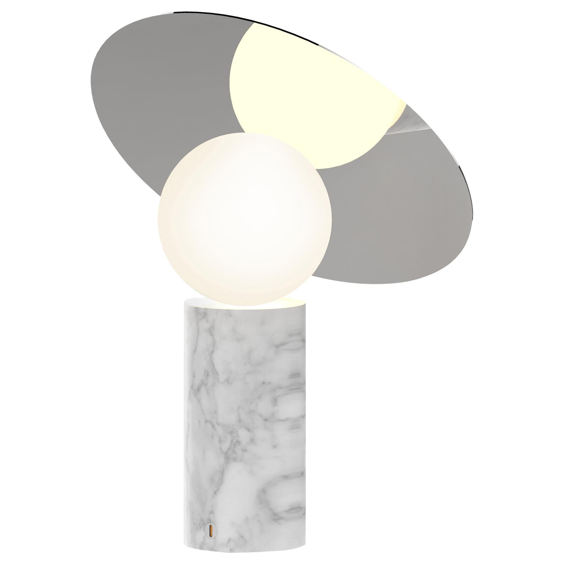 Bola Disc Table Lamp in Carrara Marble and Chrome by Pablo Designs For Sale