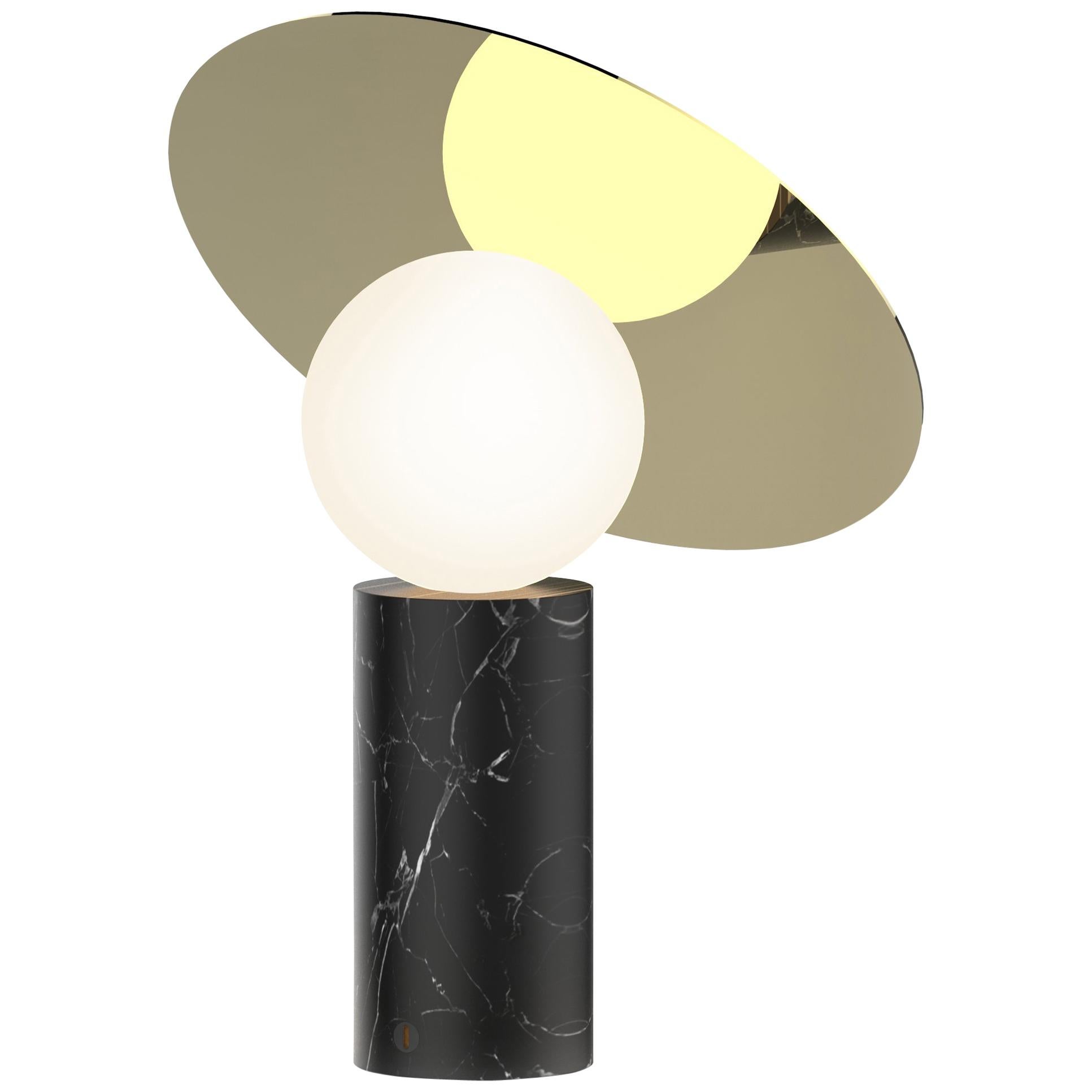 Bola Disc Table Lamp in Marquina Marble and Brass by Pablo Designs For Sale